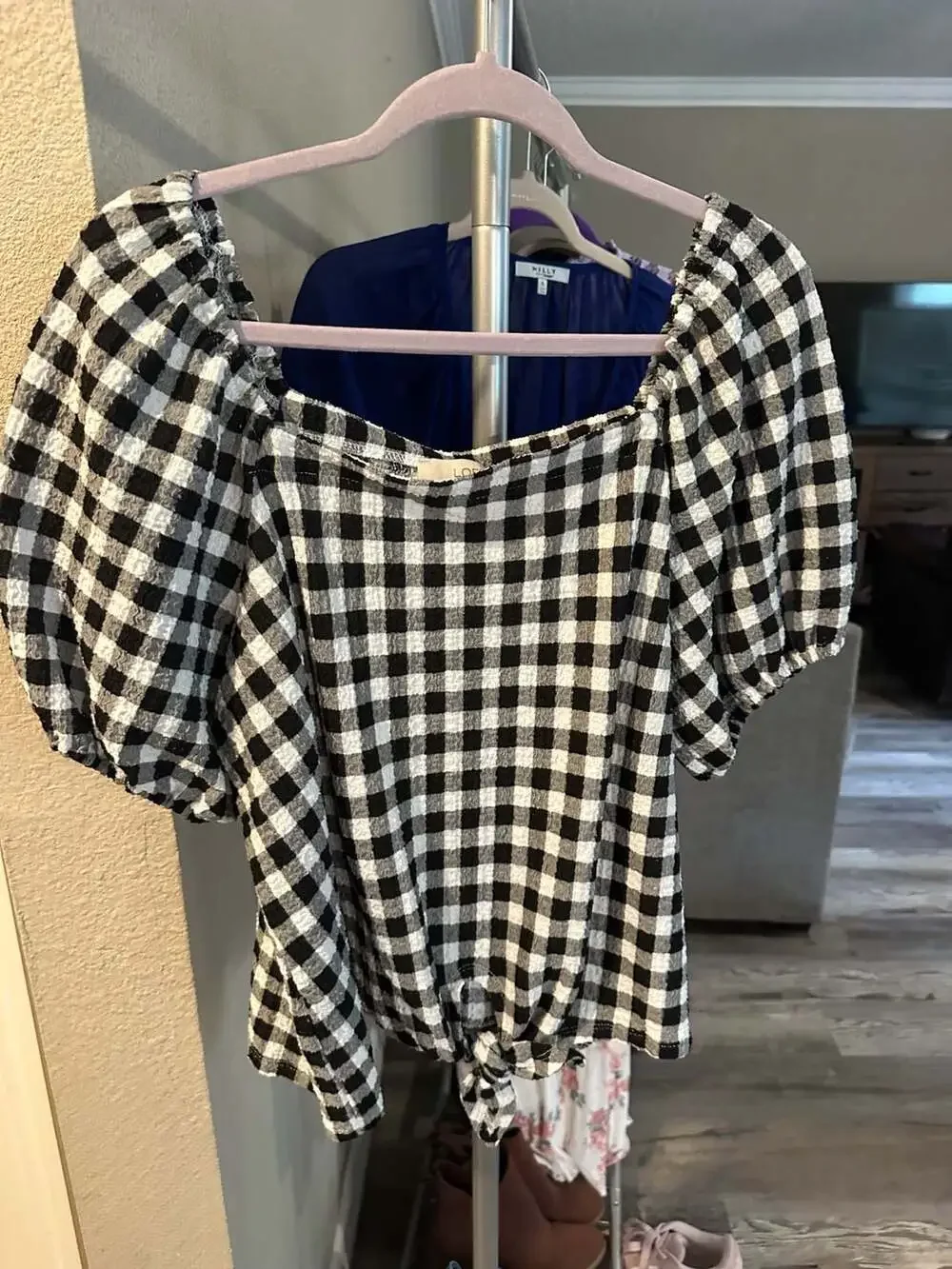 LOFT Black and White Gingham Textured Square Neck Puff Sleeve Tie-Front Blouse